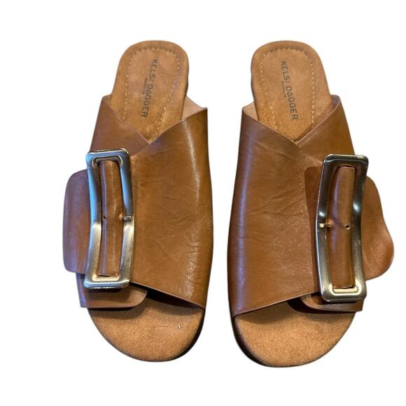 Kelsi Dagger Women's Size 7.5 Brown Leather Slide Sandals with Wooden Platform - Picture 1 of 8